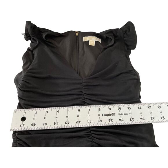 Michael Kors XS Black Dress Ruched Bodice Flutter Sleeves Ruffled Hem Cocktail - Picture 4 of 11